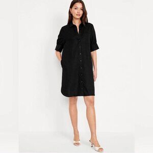 NEW Well Worn Women's S Black Linen Blend Button-Up Shirt Dress  G1457